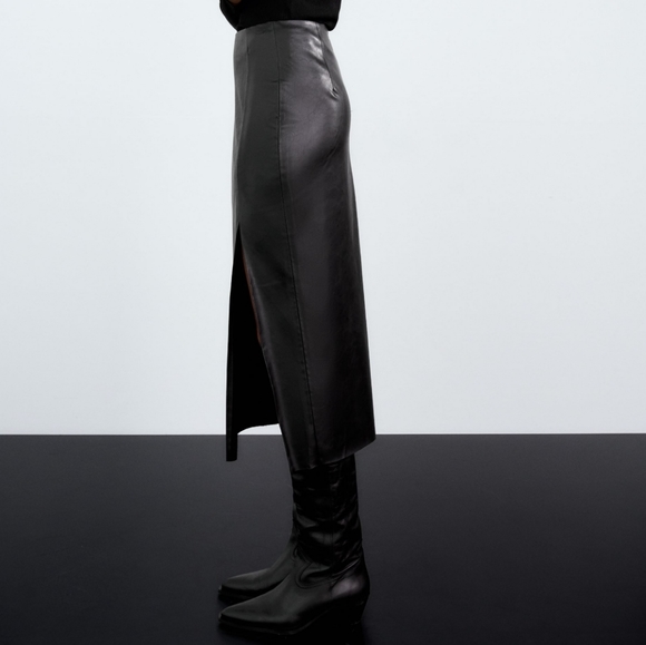 Zara Faux Leather Pencil Skirt Front  Slit Black - Picture 11 of 13
